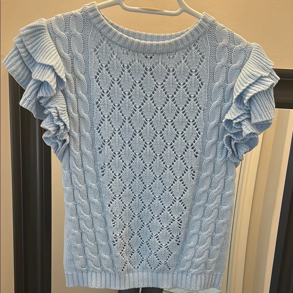 Light Blue Knit Ruffle Sleeve Top - Picture 8 of 8